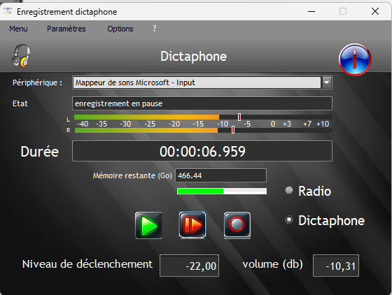 Mode dictaphone du logiciel EnregistreurRadio pour Windows