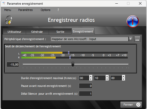 Paramètres d'enregistrement du logiciel EnregistreurRadio